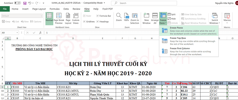 cach co dinh dong va cot trong excel 4