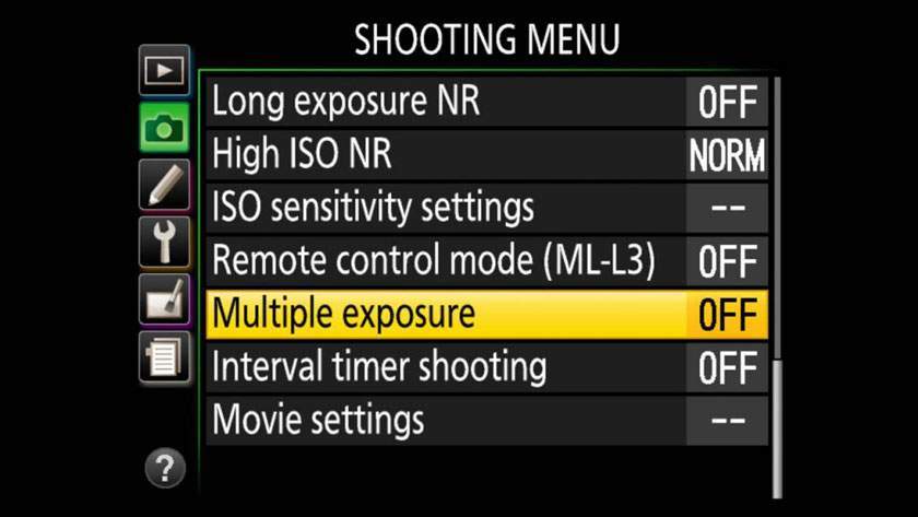 tìm tới cài đặt Multiple Exposure trên máy Nikon