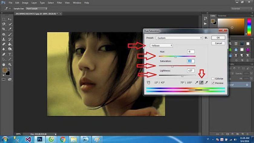 Khử ám màu trong photoshop bằng Hue/Saturation
